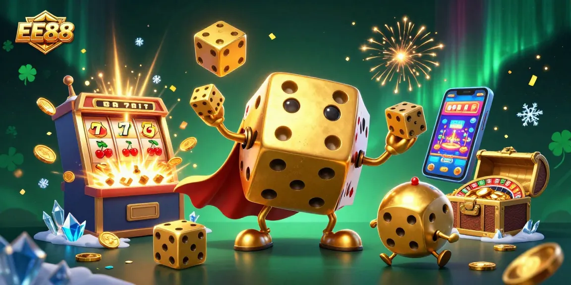 EE88 features a lively scene with a golden dice golem juggling treats, capturing the excitement of online casino games.