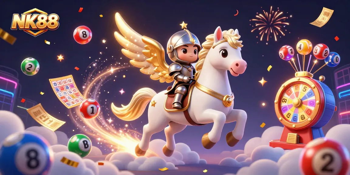 Join the excitement at NK88 with dynamic lottery balls and engaging game elements in a vibrant casino illustration.
