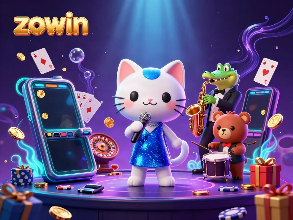 Join the vibrant casino action with zowin in a lively illustration featuring singing, playing symbols of fun.