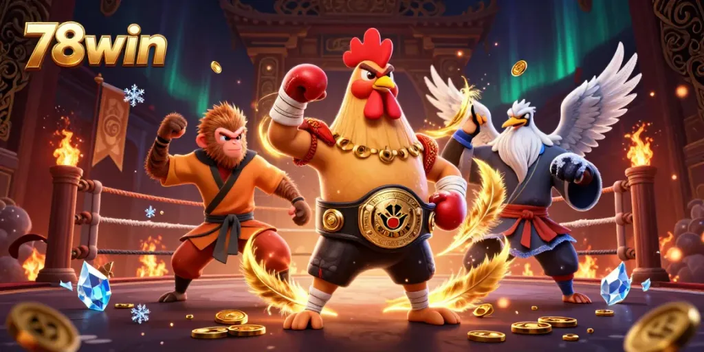 Experience thrilling 78win action in a fierce Muay Thai rooster and Shaolin monkey scene filled with dynamic gaming elements.