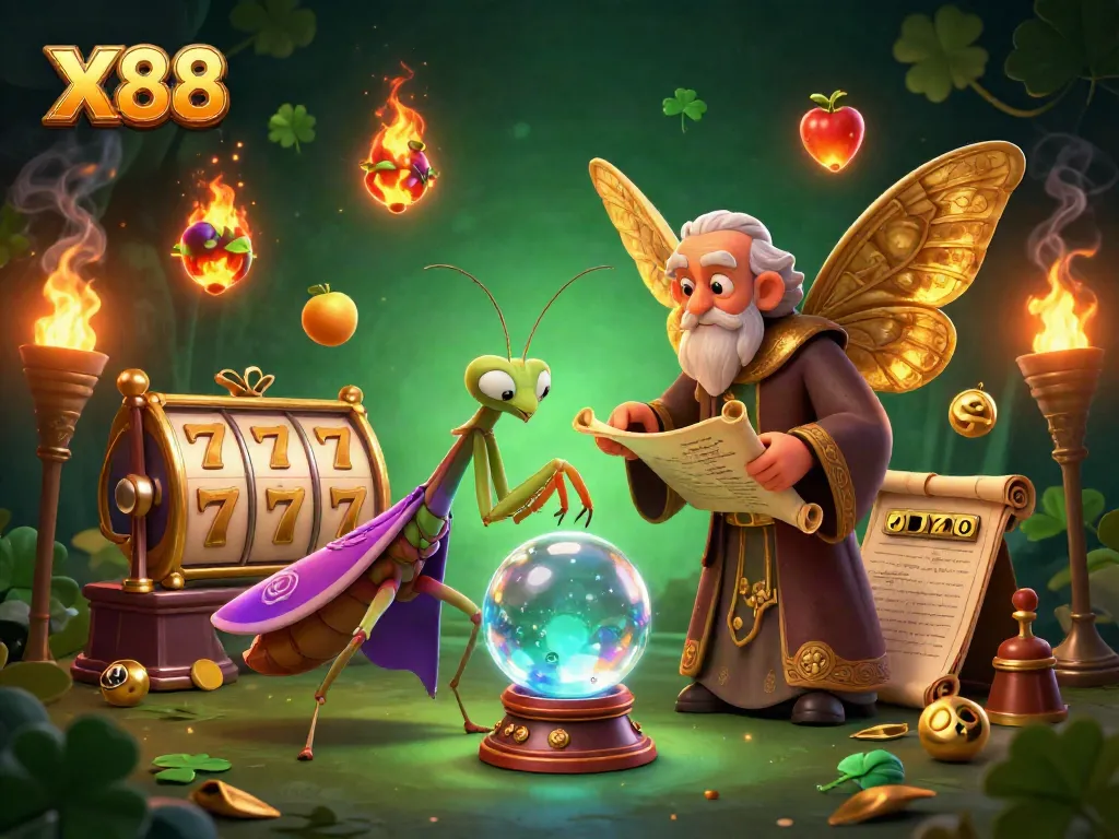 X88 captures a mystical gambling experience with a fortune teller, librarian, and slot symbols.