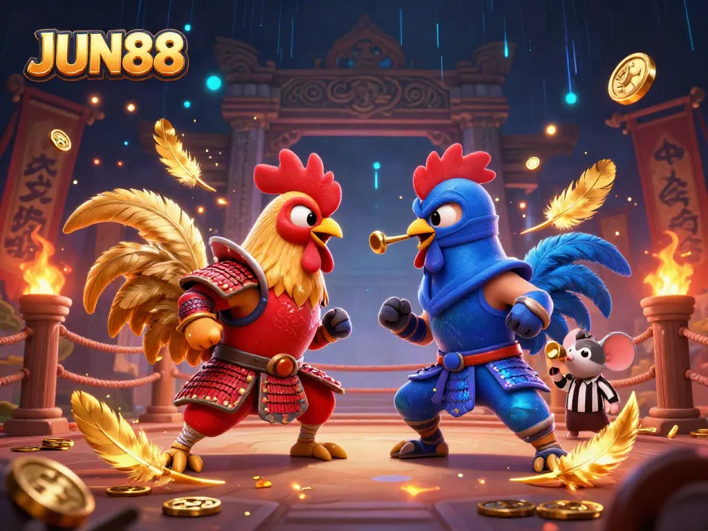 Witness the thrilling showdown of fighting roosters in JUN88's dynamic online gambling arena.