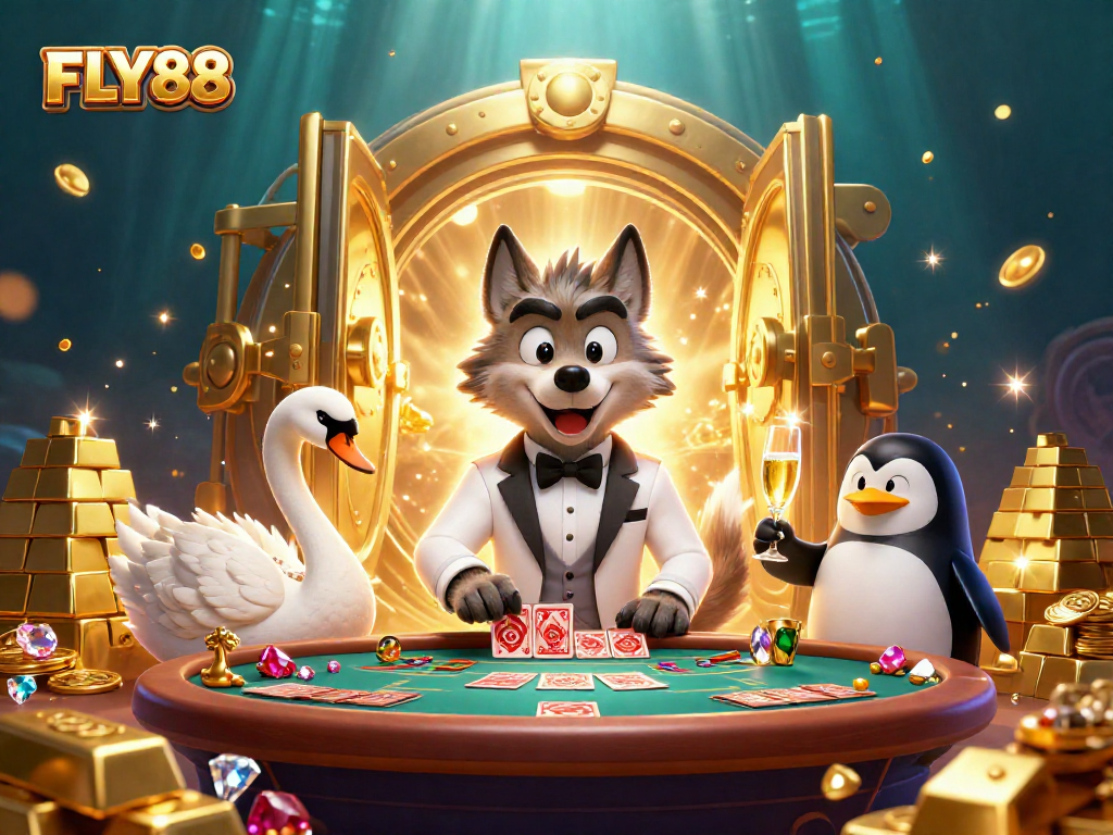 FLY88 showcases a lavish casino scene with a debonair wolf and swan dealing at a baccarat table.