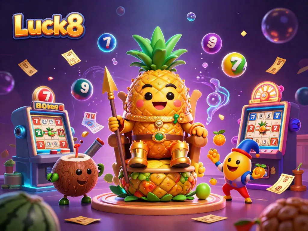 Experience the vibrant world of Luck8 with a playful illustration of a golden pineapple king and dynamic gaming elements.