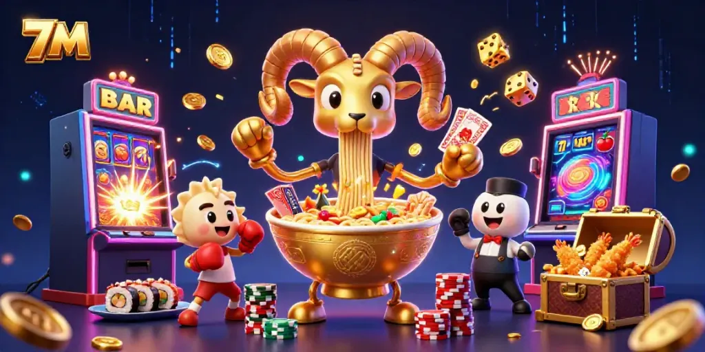 Experience 7M's lively casino action with a giant ramen bowl character dealing cards and stacking chips amid vibrant gaming elements.