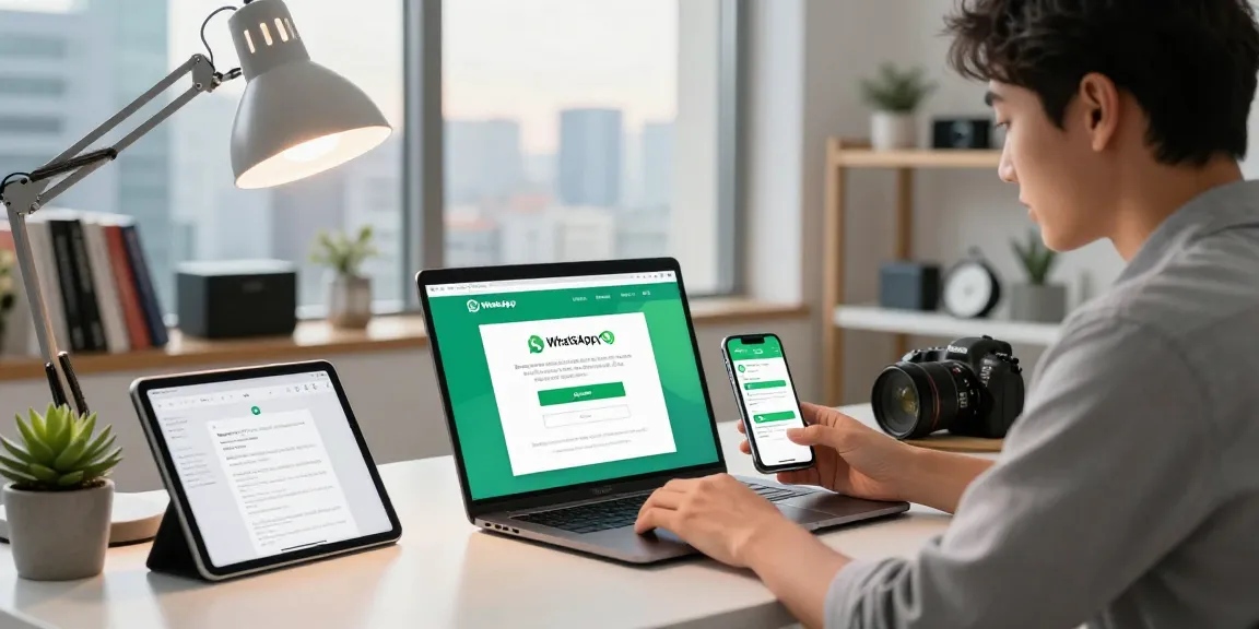 Downloading WhatsApp下載 on a sleek laptop in a modern workspace.