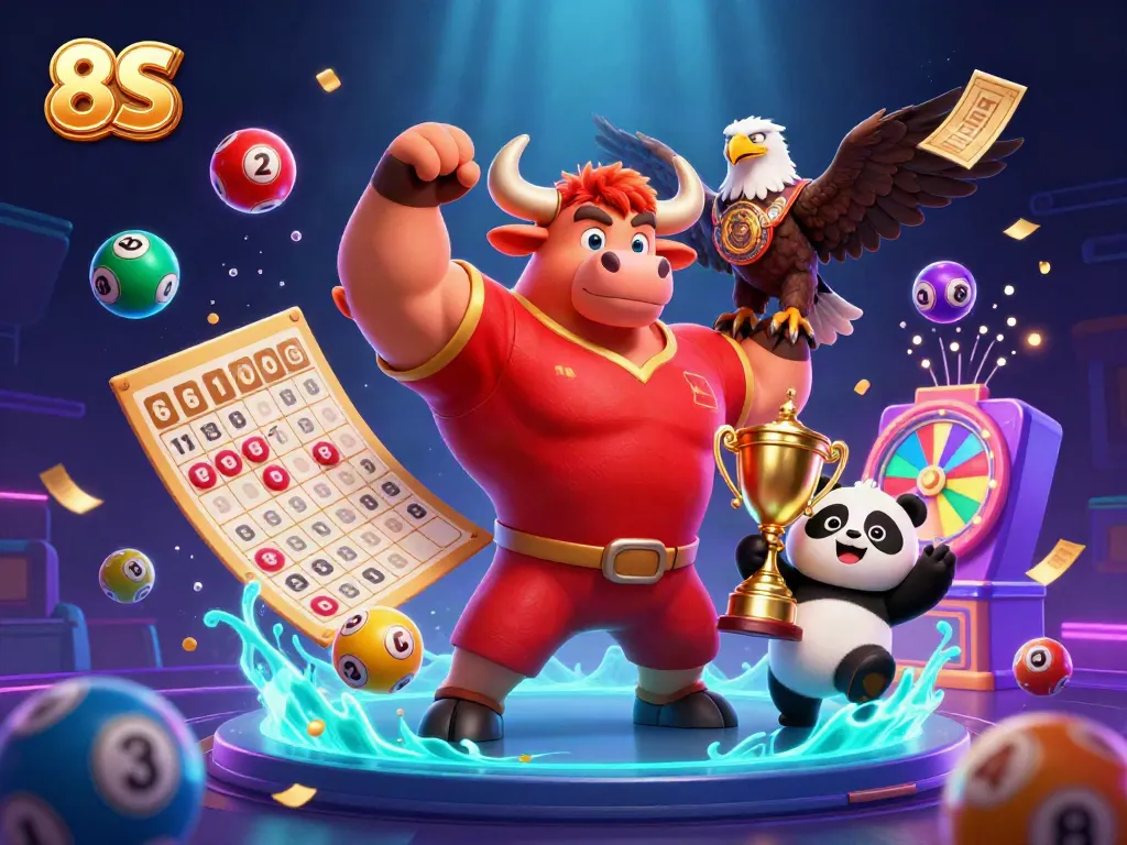 Celebrate wins with the vibrant and dynamic scene of 8S, featuring a bull, eagle, and panda among lottery elements.