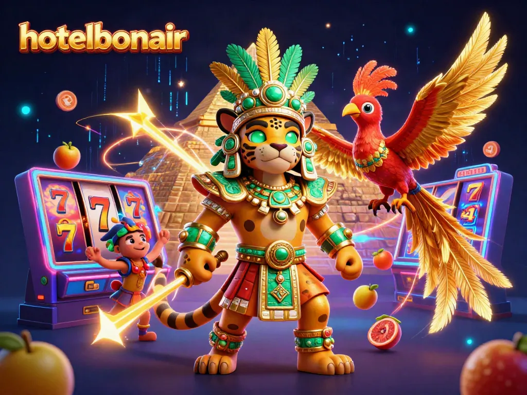 Experience the vibrant hotelbonair slots excitement with a Mayan priest and golden quetzal in a dynamic 3D scene.