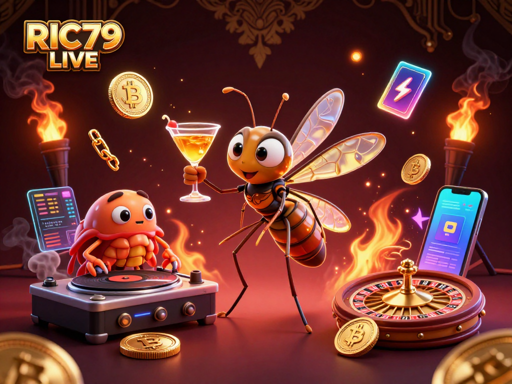 Experience RIC79 LIVE with the animated mosquito mascot in a vibrant casino illustration.