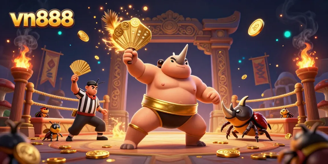 Experience dynamic betting action with the vn888 sumo beetle champion in a vibrant casino scene.