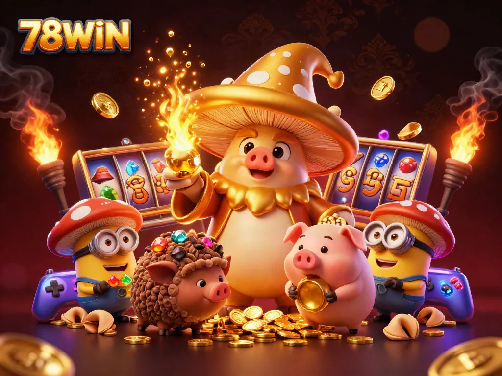 Engage with 78WIN's magical slot adventure featuring a golden mushroom wizard, treasure, and vibrant gaming elements.
