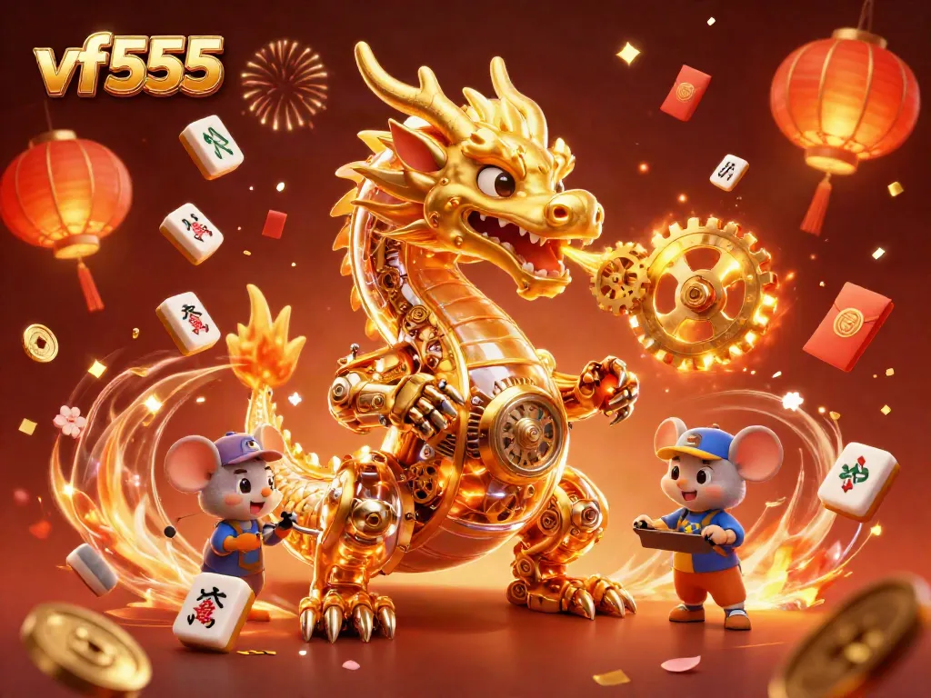 Engage with the vf555 golden dragon and cheerful elements celebrating in a vibrant casino scene.