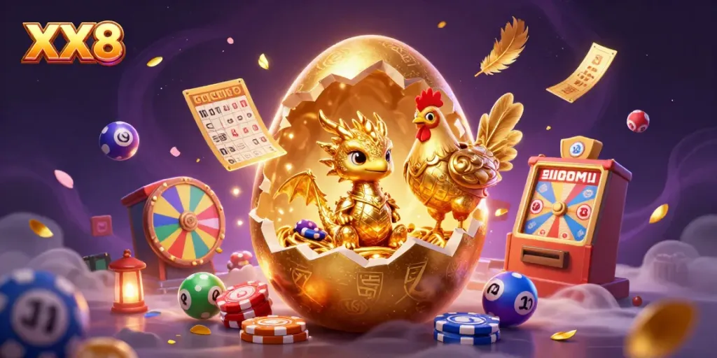 Experience the excitement of gambling with the glamorous XX8 dragon guarding a treasure of poker chips and lottery elements.