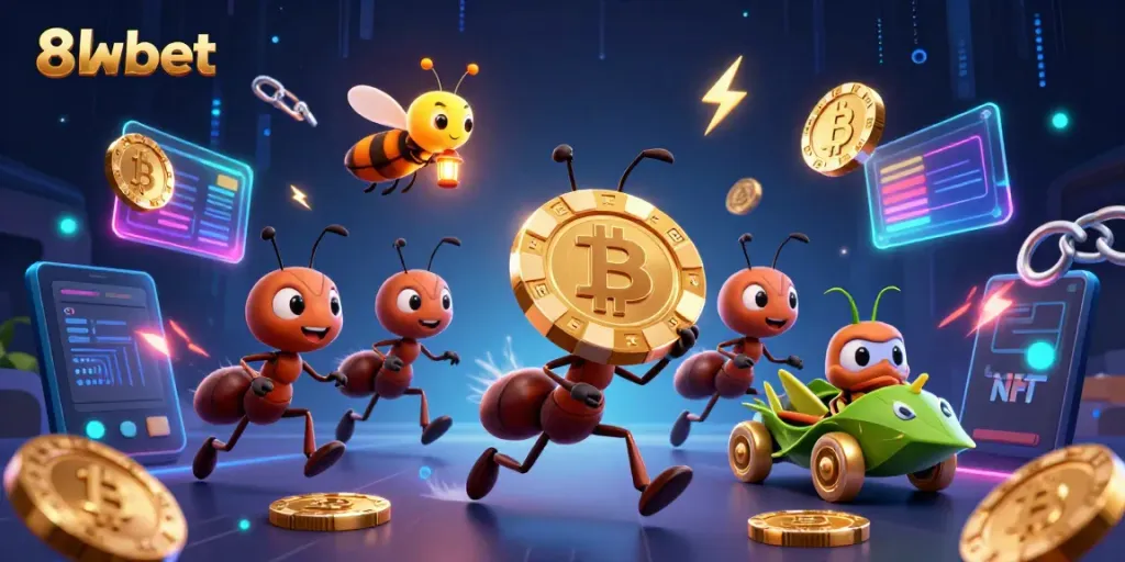 Experience the thrill at 8xbet with ants on a heist carrying a giant poker chip amidst glowing cryptocurrency elements.