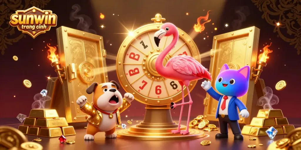 Spin to win at sunwin trang chính with a vibrant casino-themed scene featuring characters and treasures.
