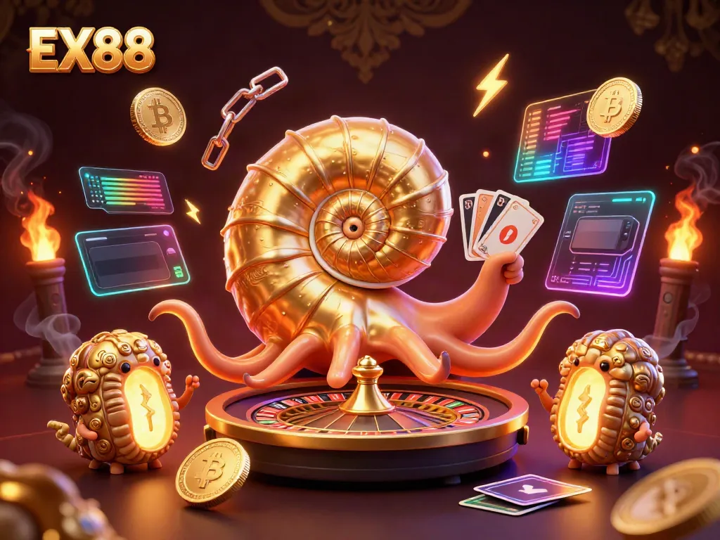 Experience dynamic casino action with EX88's vibrant elements and glowing characters.