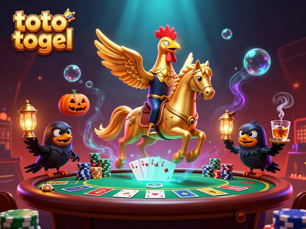 Engage in the thrilling toto togel experience at a midnight casino scene featuring golden rooster and friends.