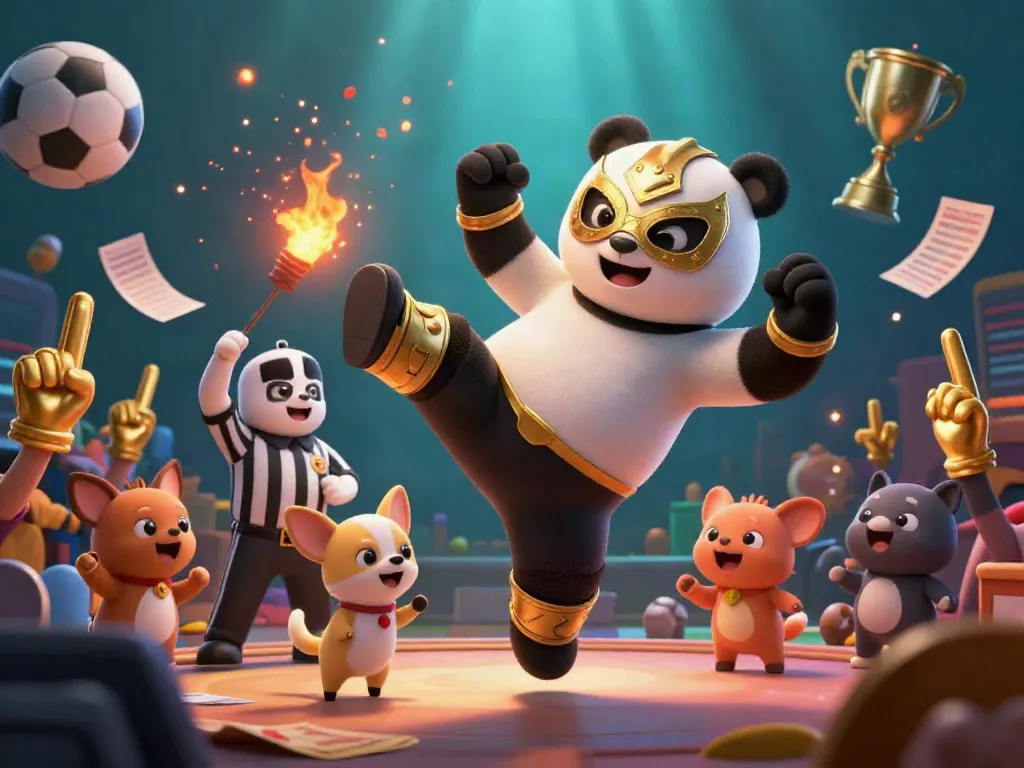XoilacTV showcases an exciting sports betting scene with a panda wrestler executing a flying kick amidst cheering animal fans.