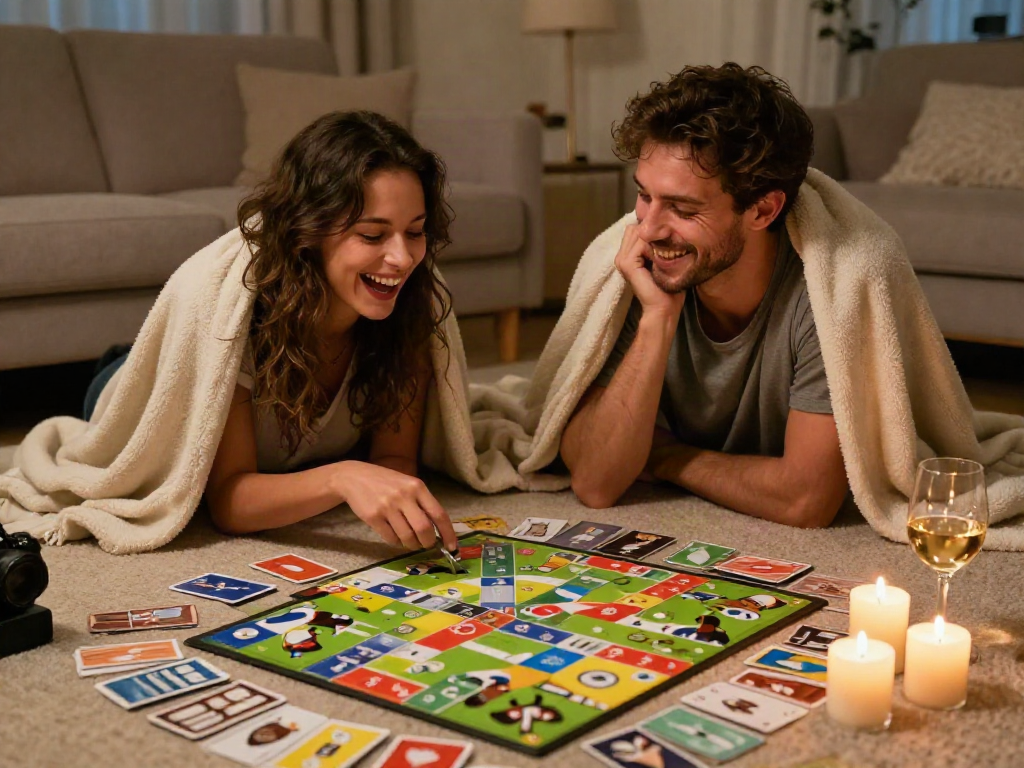 Couple enjoying a playful sex game night, cozy atmosphere with wine and laughter.