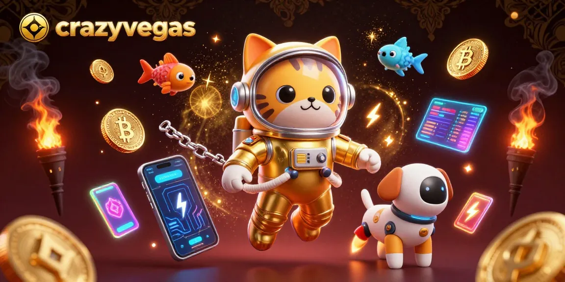 Experience gaming excitement with crazyvegas as a space cat and robot dog embark through a cosmic casino.