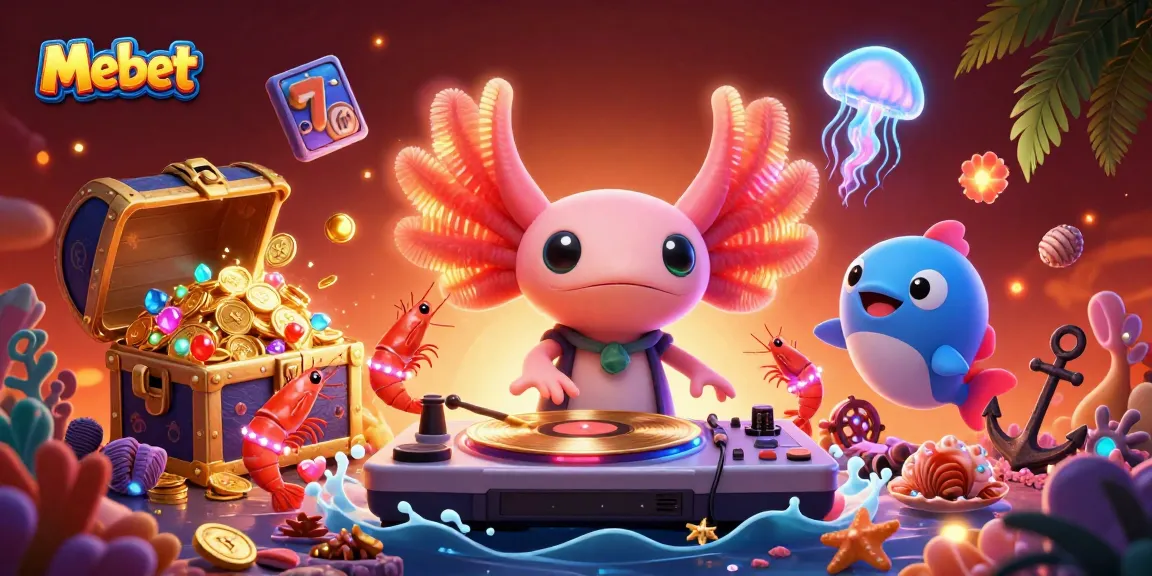 Mebet showcases a vibrant underwater casino scene with a neon axolotl DJ, enhancing the exhilarating atmosphere of gaming.