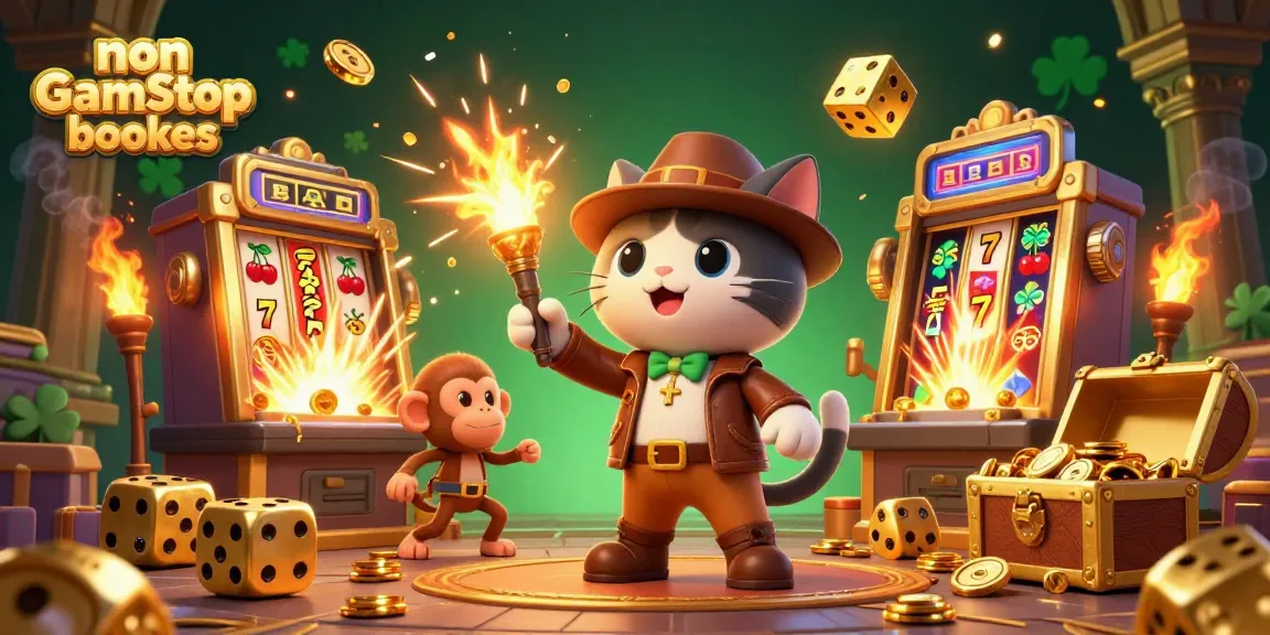 Experience the thrill of non GamStop bookies with a treasure-filled scene featuring a cartoon cat explorer and flying casino symbols.