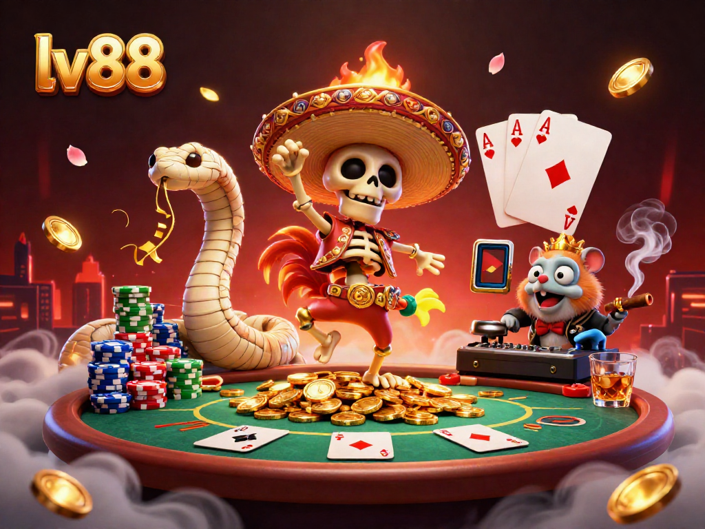 Experience thrilling lv88 gaming with a vibrant 3D casino scene featuring dynamic characters and rich gambling elements.
