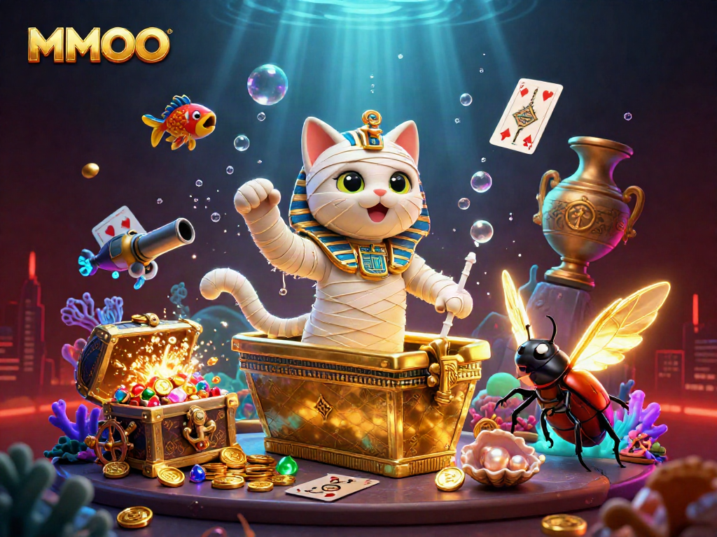 MMOO casino scene with an Egyptian mummy cat and scarab beetle amidst treasures and playing cards.