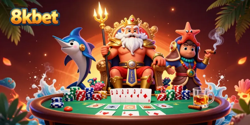 Experience thrilling poker action with 8xbet's vibrant 3D illustration featuring Neptune, flanked by guards.