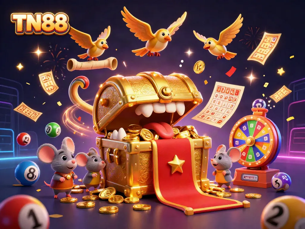 Engage with TN88 through an immersive 3D casino scene filled with colorful lottery elements and a treasure chest