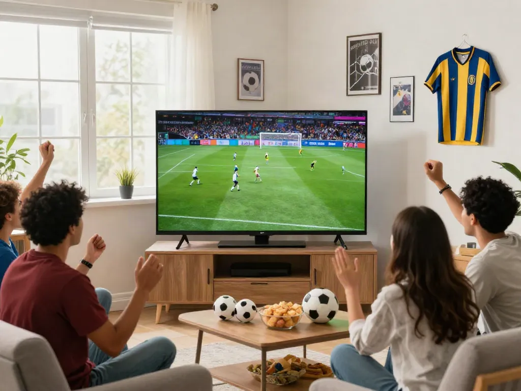 Fans enjoying a thrilling match on Thapcamtv in a lively living room atmosphere.