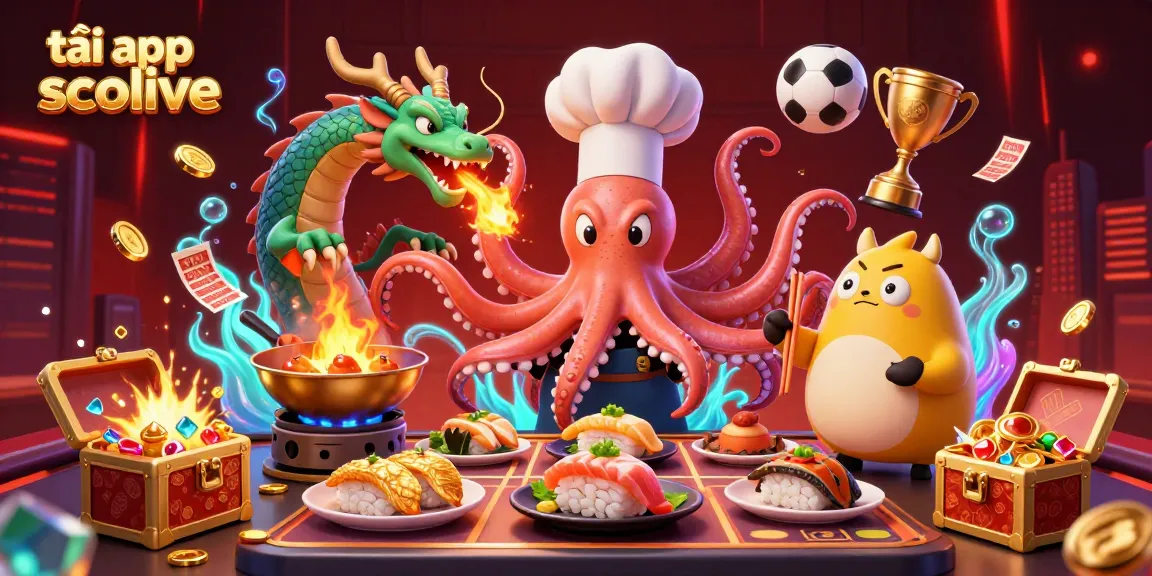 Tải app Socolive for safe sports betting, showcasing a vibrant illustration of an octopus, dragon, and tanuki in a dynamic gambling scene.