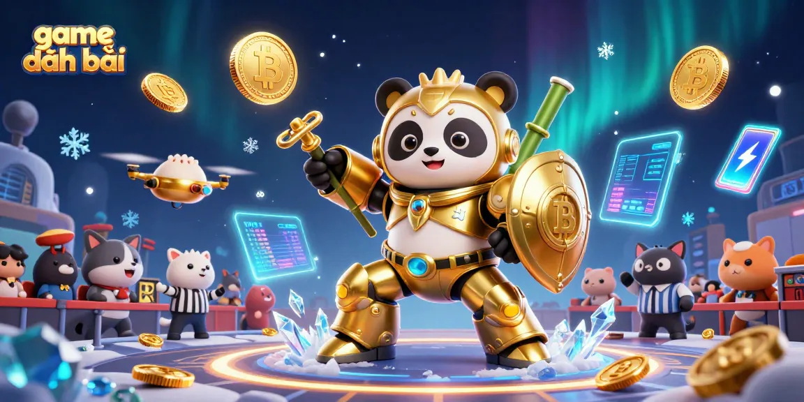 Engaging scene of game đánh bài featuring a golden panda in a mech-suit with vibrant coins and digital displays