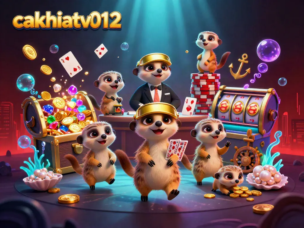 Cakhiatv012: Meerkats run a vibrant casino, showcasing a dynamic scene with slot reels and underwater treasures.