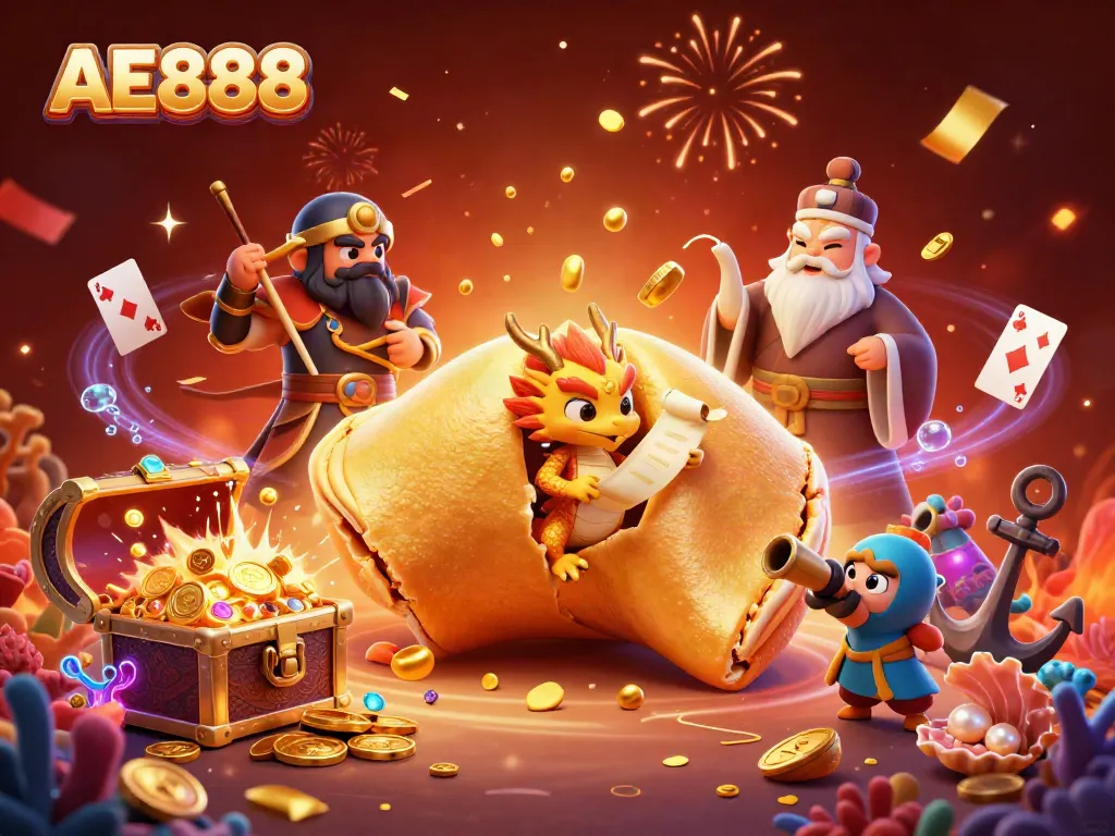 Experience thrilling casino fun with AE888's dynamic 3D illustration of fortune and excitement.