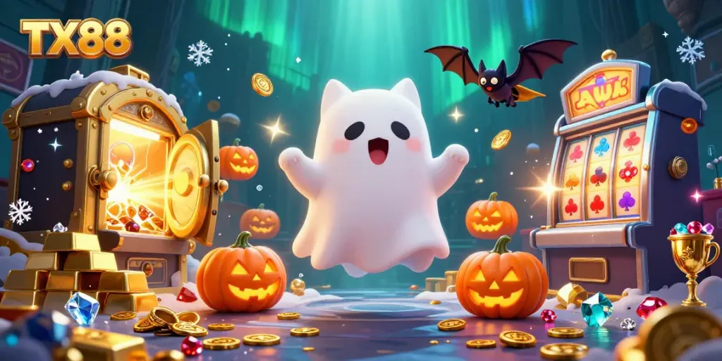 Win big with TX88, a ghost cat in a haunted casino, surrounded by glowing treasure and Halloween elements.