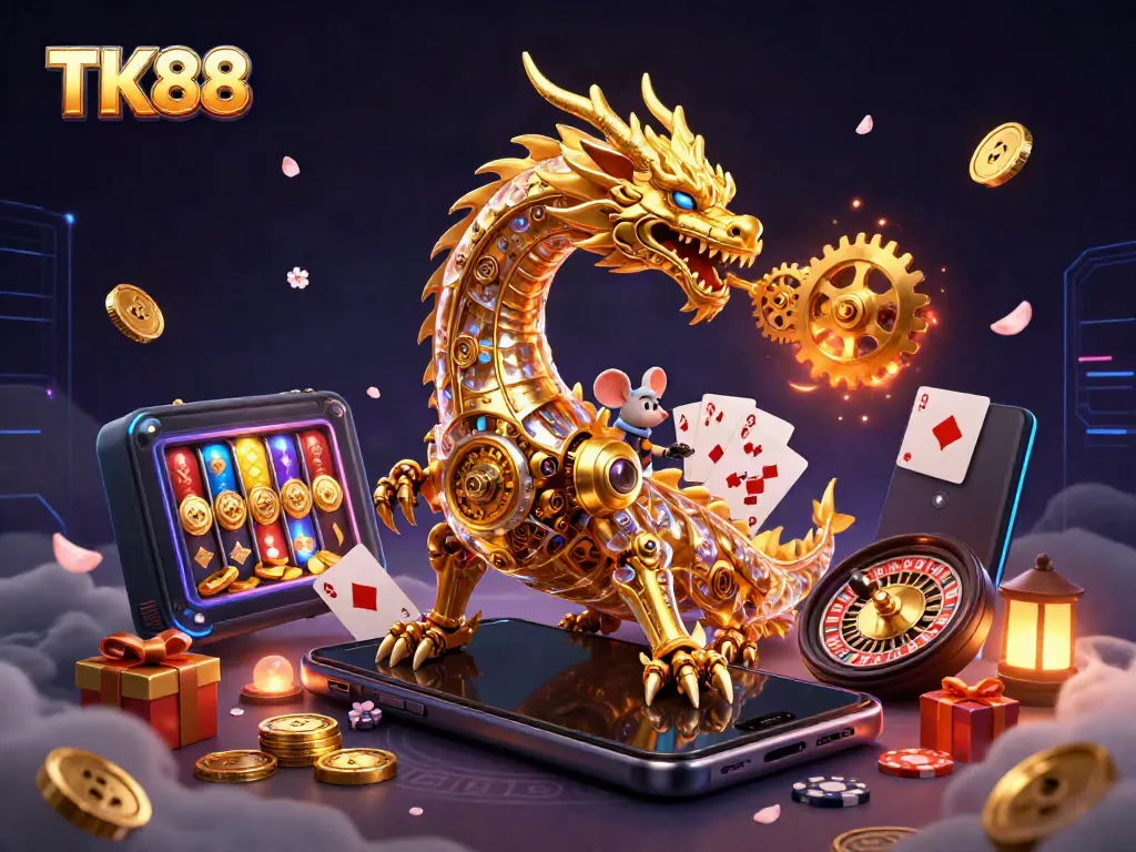 Experience the excitement of TK88 with a golden dragon, vibrant game elements, and captivating casino atmosphere.