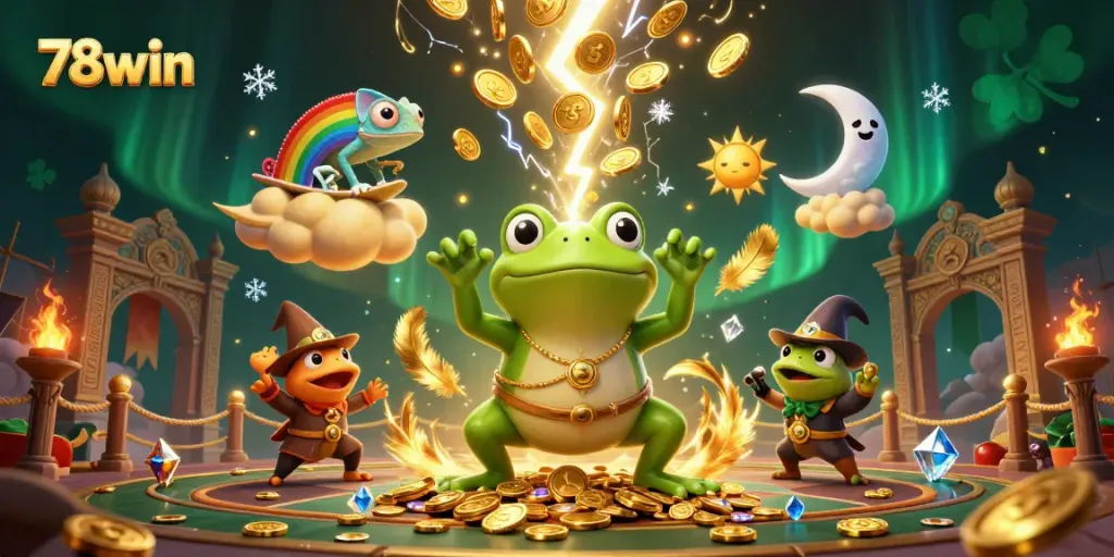 Experience the excitement of 78win with a storm of golden coins and vibrant characters in a magical casino setting.