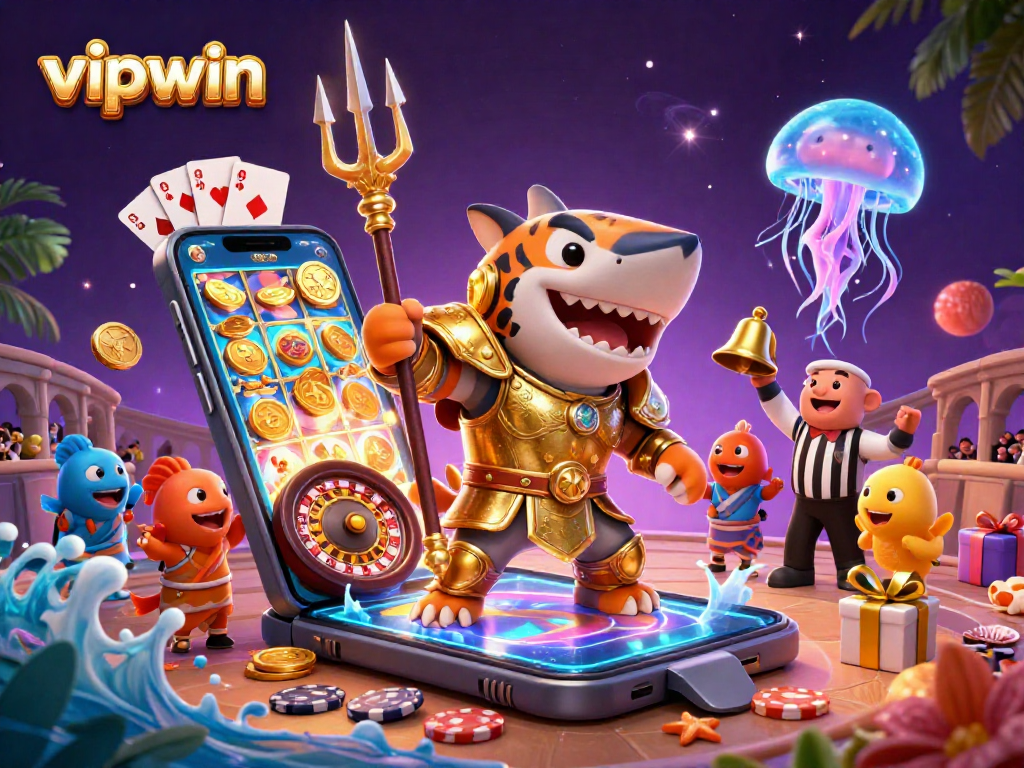Experience thrilling gaming at vipwin with a cartoon tiger shark battling underwater in a vibrant casino scene.