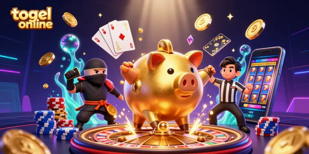 Win big with togel online gaming in this vibrant 3D casino scene filled with exciting characters