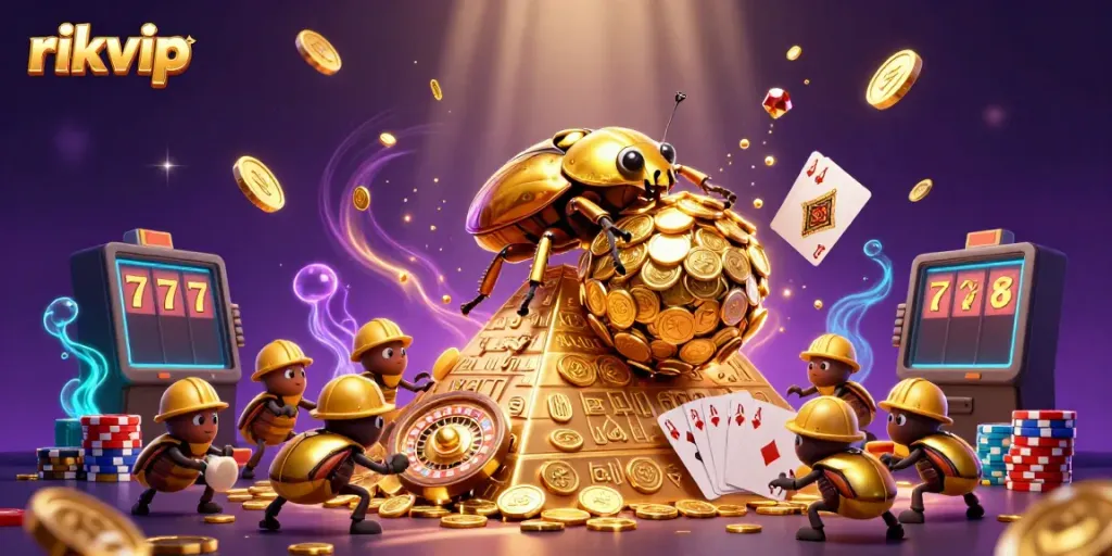 Experience thrilling gameplay at rikvip with an illustration of a golden beetle rolling coins, surrounded by casino elements.