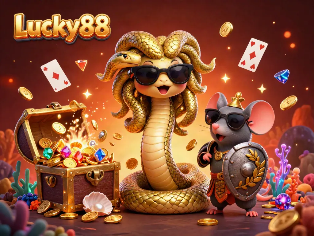 Experience thrilling luck with Lucky88 as Medusa and a warrior mouse celebrate casino wins amidst gold coins and gems.