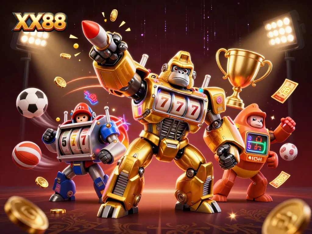 Experience thrilling action with XX88 in this dynamic casino-themed illustration featuring vibrant gaming elements.