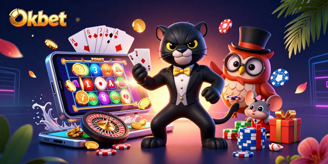 Experience thrilling gameplay with Oxbet as the panther deals cards and the owl holds poker chips, enhanced by festive casino elements.