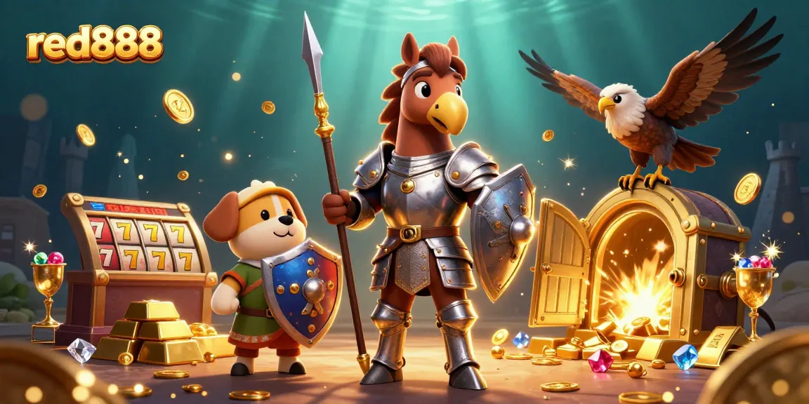 Engage with red888 slots as a knight, puppy, and falcon discover treasures in a vibrant scene.