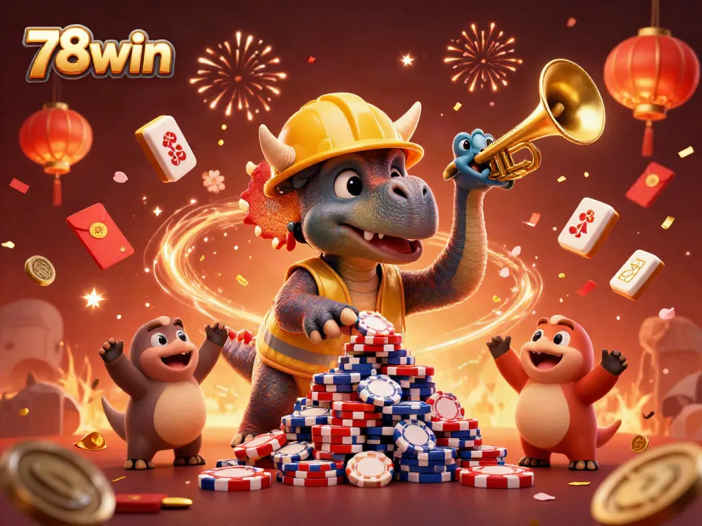 Engage in thrilling 78win casino action with a festive scene of game characters celebrating, surrounded by rich winnings.