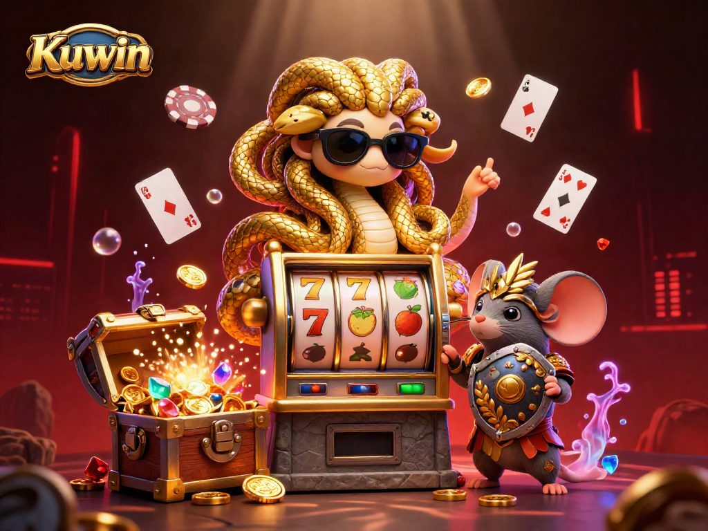 Kuwin gaming illustration featuring Medusa and a mouse warrior, lively with slot machine action.