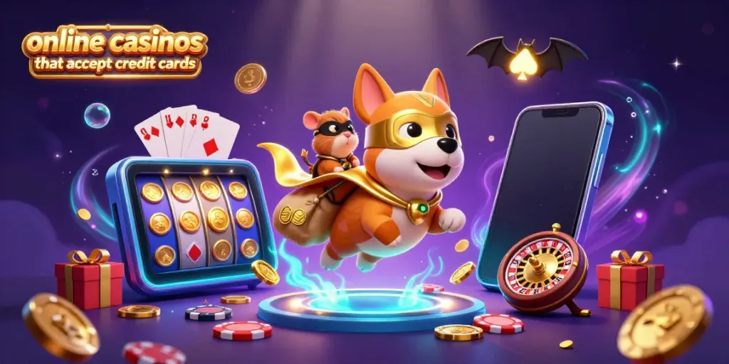 An engaging scene depicting online casinos that accept credit cards, featuring a superhero dog flying with gold coins, colorful slot games, and dynamic casino elements.