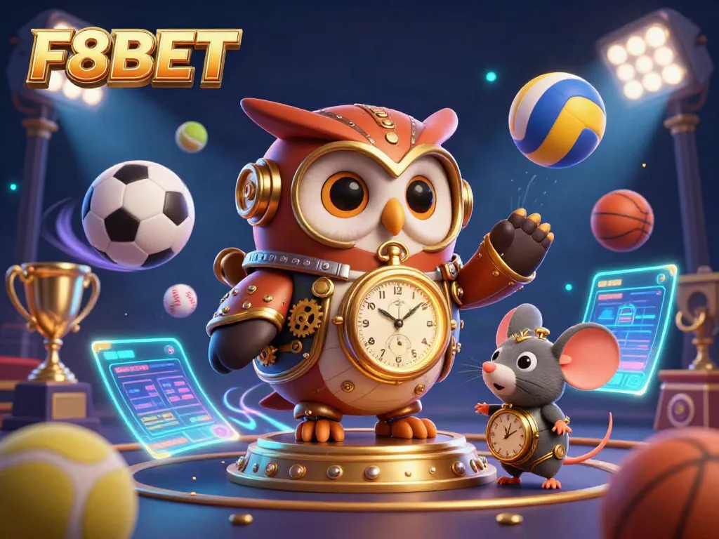 Experience F8BET's thrilling online gaming ambiance with a time-traveler owl and dynamic sports elements.