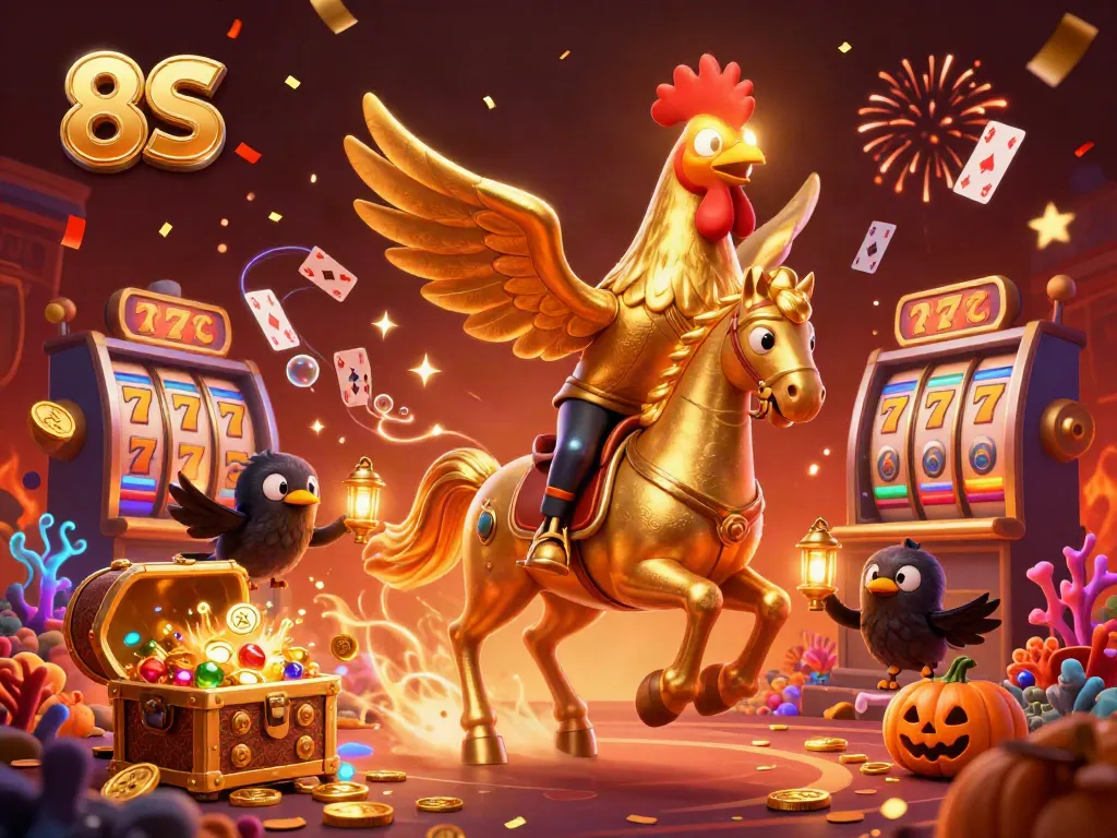 8S featured scene with a golden rooster and spectral horse in a vibrant casino atmosphere